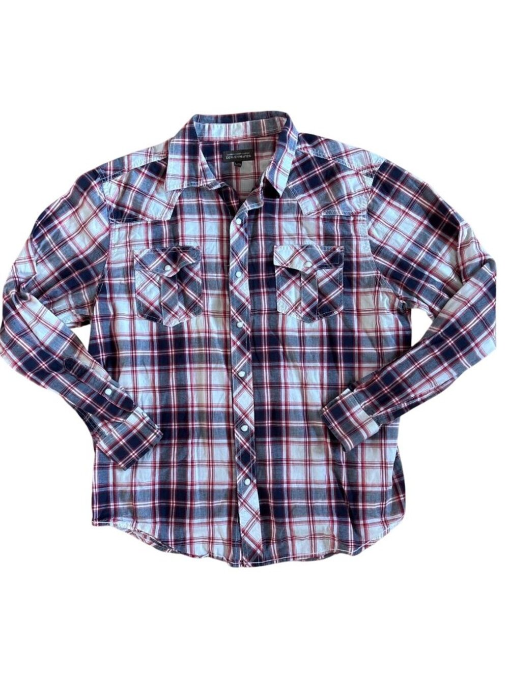 Denver Hayes Plaid Shirt Mens Lg Classic Fit Red Navy Pearl Snap Western Cotton